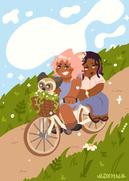 Lineless illustration of Jack, Deryk, and Baby Opo-opo riding a bicycle down a dirt path in a grassy field. The clouds and grass field look very whimsical, and the illustration is adorned with sparkles and glitter.