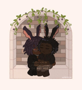 YCH commission art for the commissioner of their original character Aslan and Erenville from FFXIV sitting and holding each other in an overgrown white stone alcove. Aslan is a Viera with purple shoulder length locs and bunny ears, and is wearing a black b